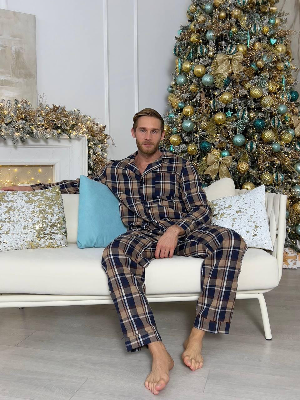 Men’s Warm Winter Blue & Brown Pajama Set  with Pockets