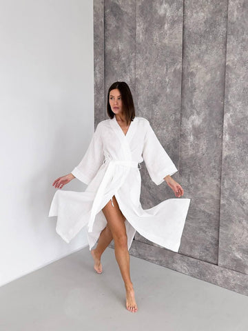 White Muslin Cotton Kimono Robe, Autumn Casual Loungewear, Minimalist Fall Robe, Cotton Robe with Pockets & Long Sleeves, Mom Birthday Gift