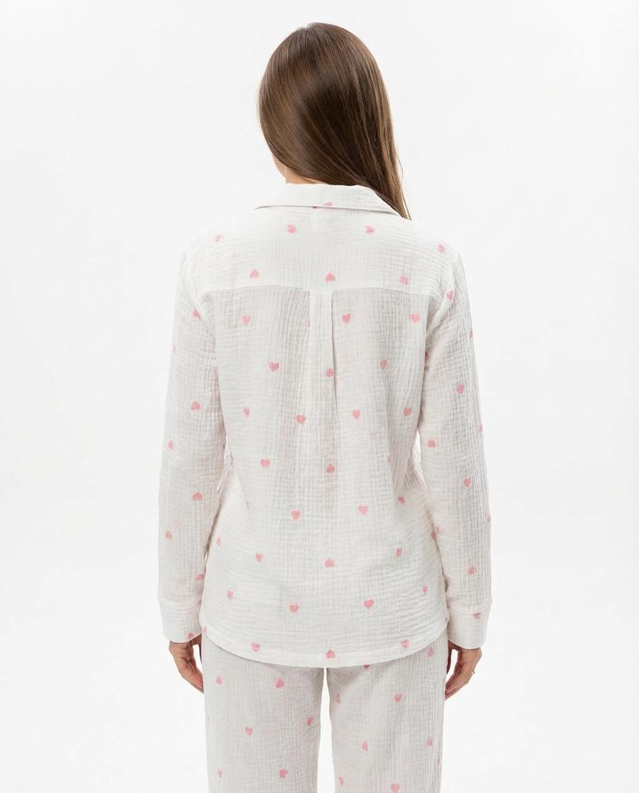 White Muslin Pajama Set with Pink Hearts