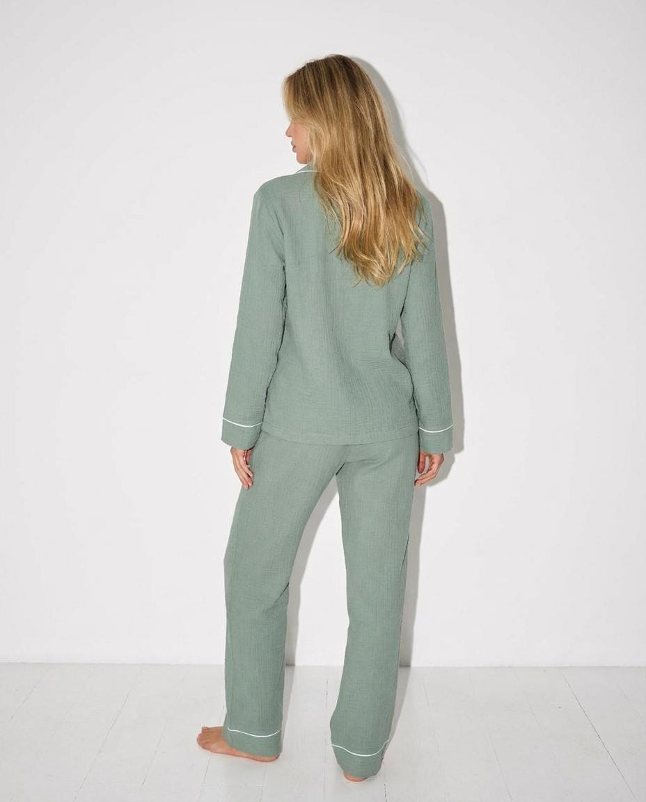 Women’s Green Muslin Pajama Set - Button-Up Shirt & Pants