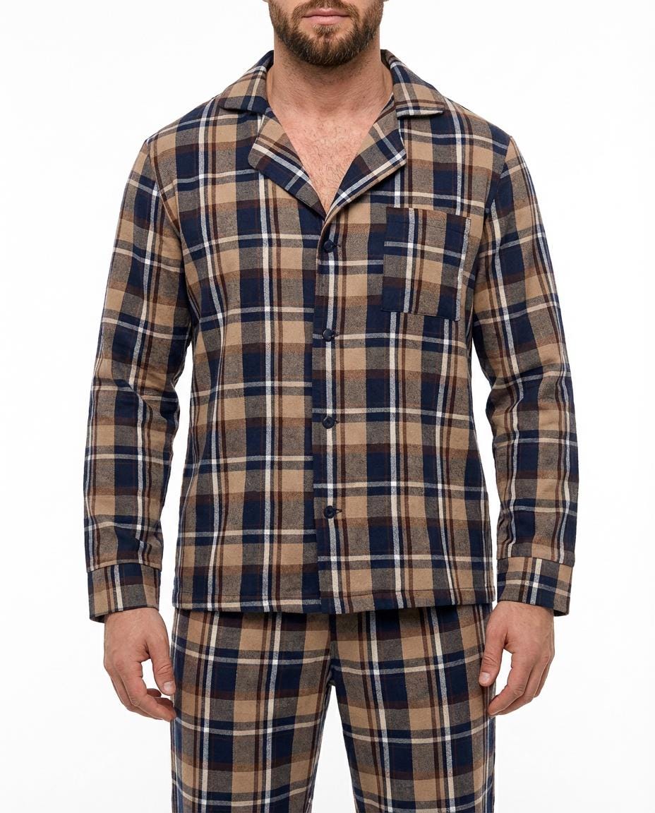 Men’s Warm Winter Blue & Brown Pajama Set  with Pockets