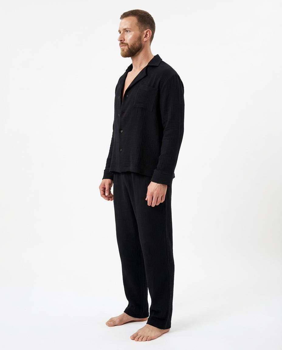 Men’s Black Muslin Pajama Set – Double Layer Button Shirt & Pants