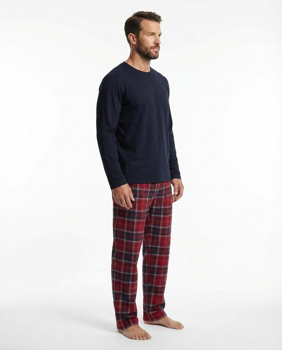 Men’s Navy & Red Cotton Pajama Set – Long Sleeve Top & Plaid Pants