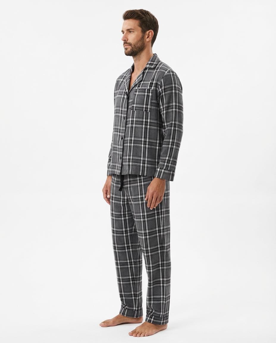 Men’s Grey Flannel Pajama Set – Long Sleeve Shirt & Pants with Pockets