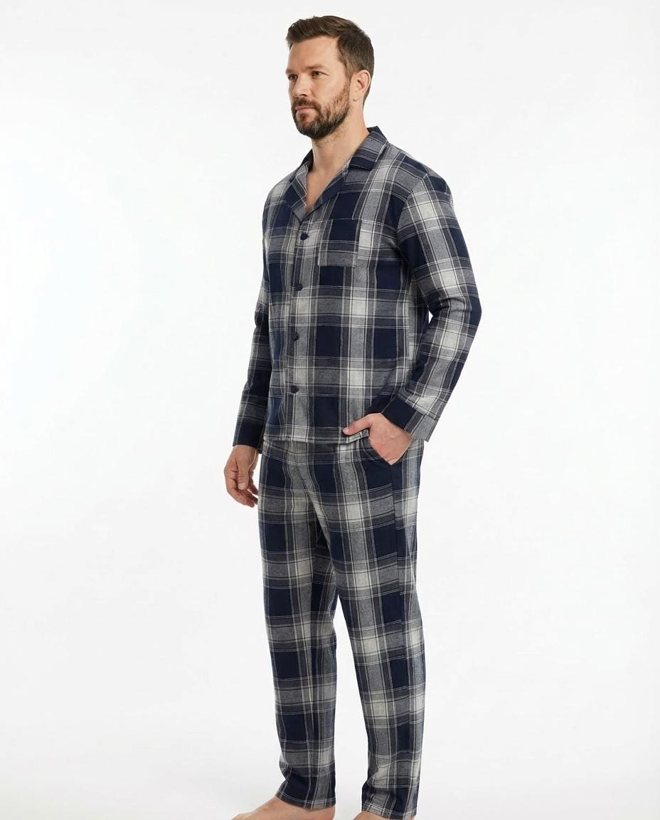 Men’s Navy Blue & Grey Flannel Pajama Set – Cotton Sleepwear with Pockets