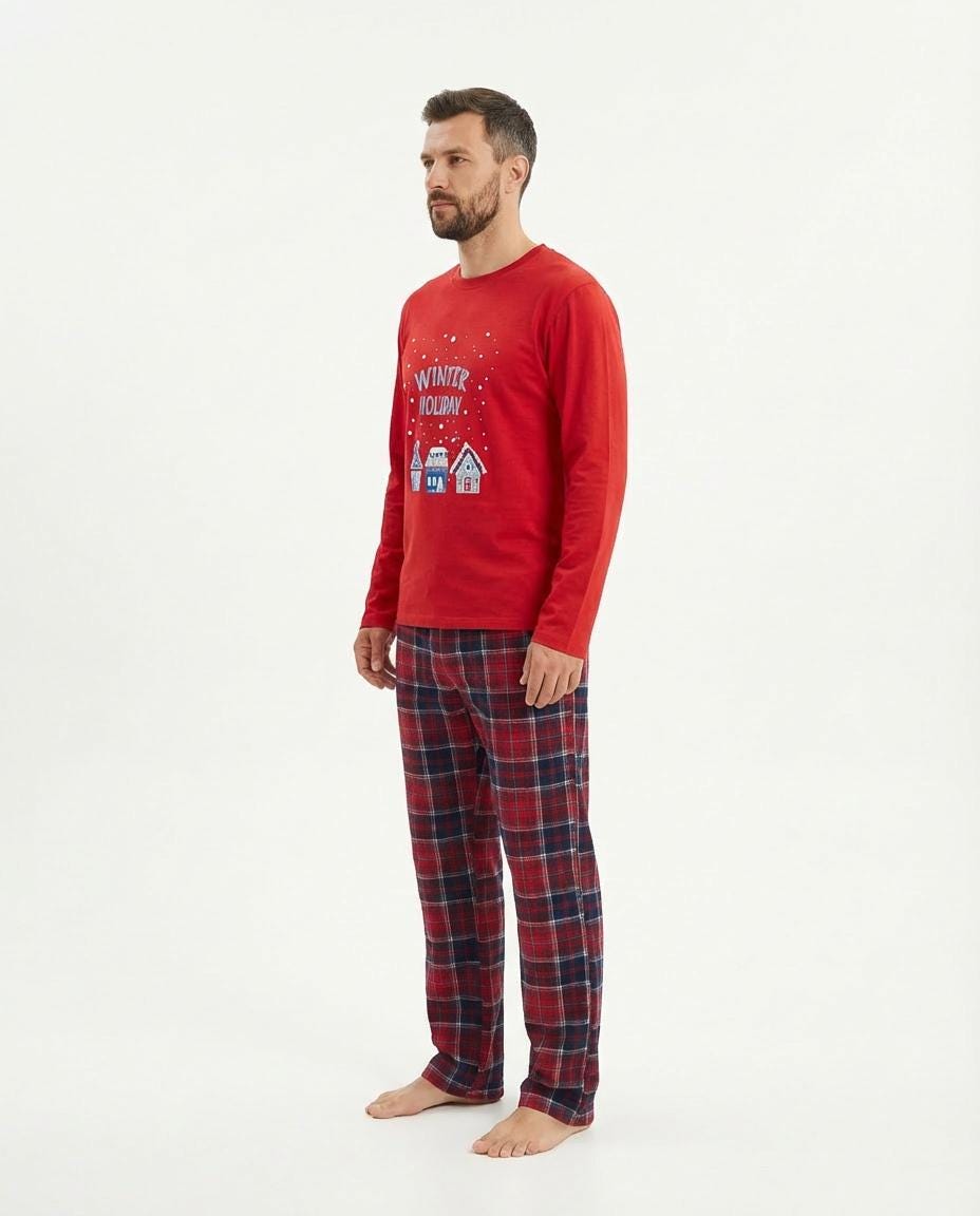 Men’s Christmas Pajama Set – Red Long Sleeve Top & Plaid Pants with Pockets