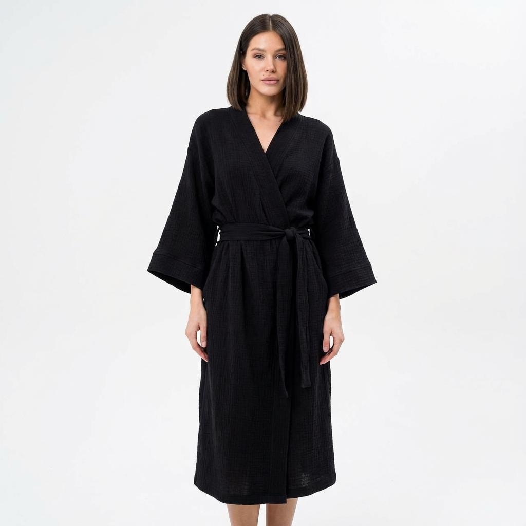 Black Long Bathrobe with Belt & Pockets