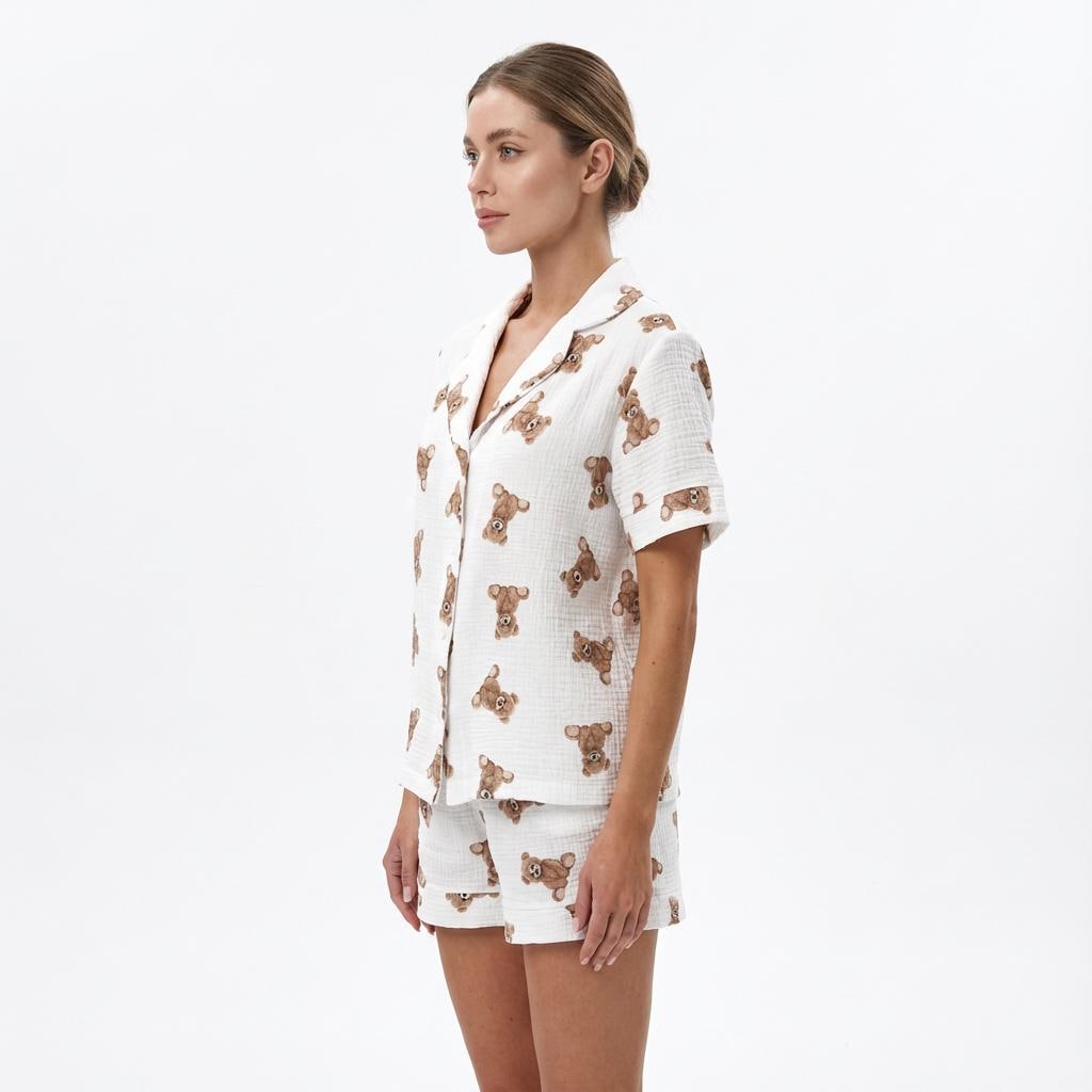 Muslin Pajama Set for Women in Teddy Bear Print