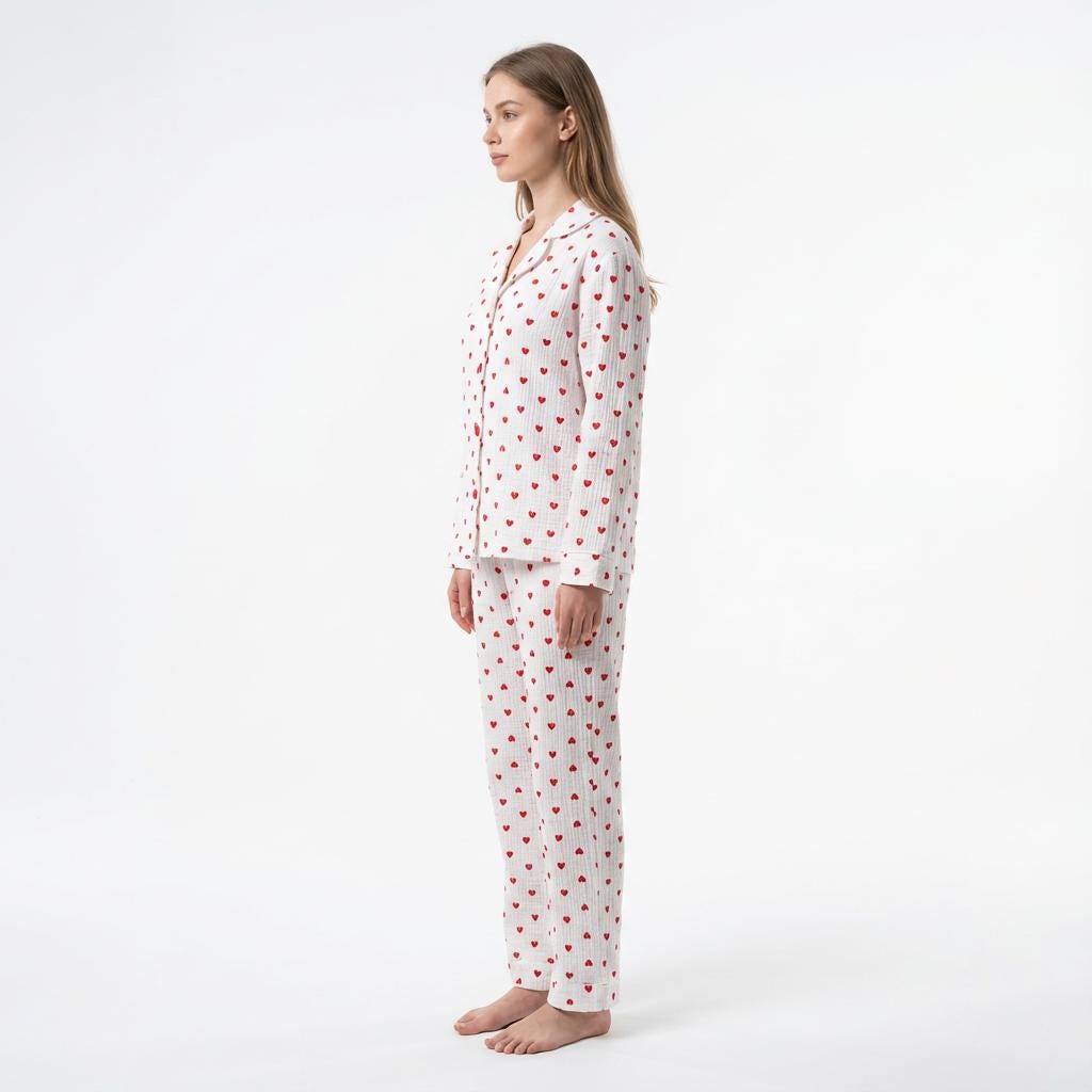 Women's White Muslin Pajama Set with Hearts – Long Sleeve Cotton Sleepwear