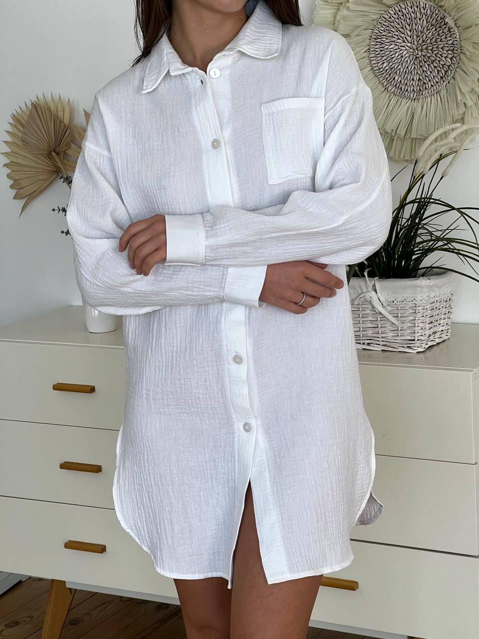 White 100% Muslin Cotton Shirt for Women, White Muslin Shirt, Double Gauze Blouse, Cotton Loungewear Oversized Fit, Relaxed Fit Blouse VV