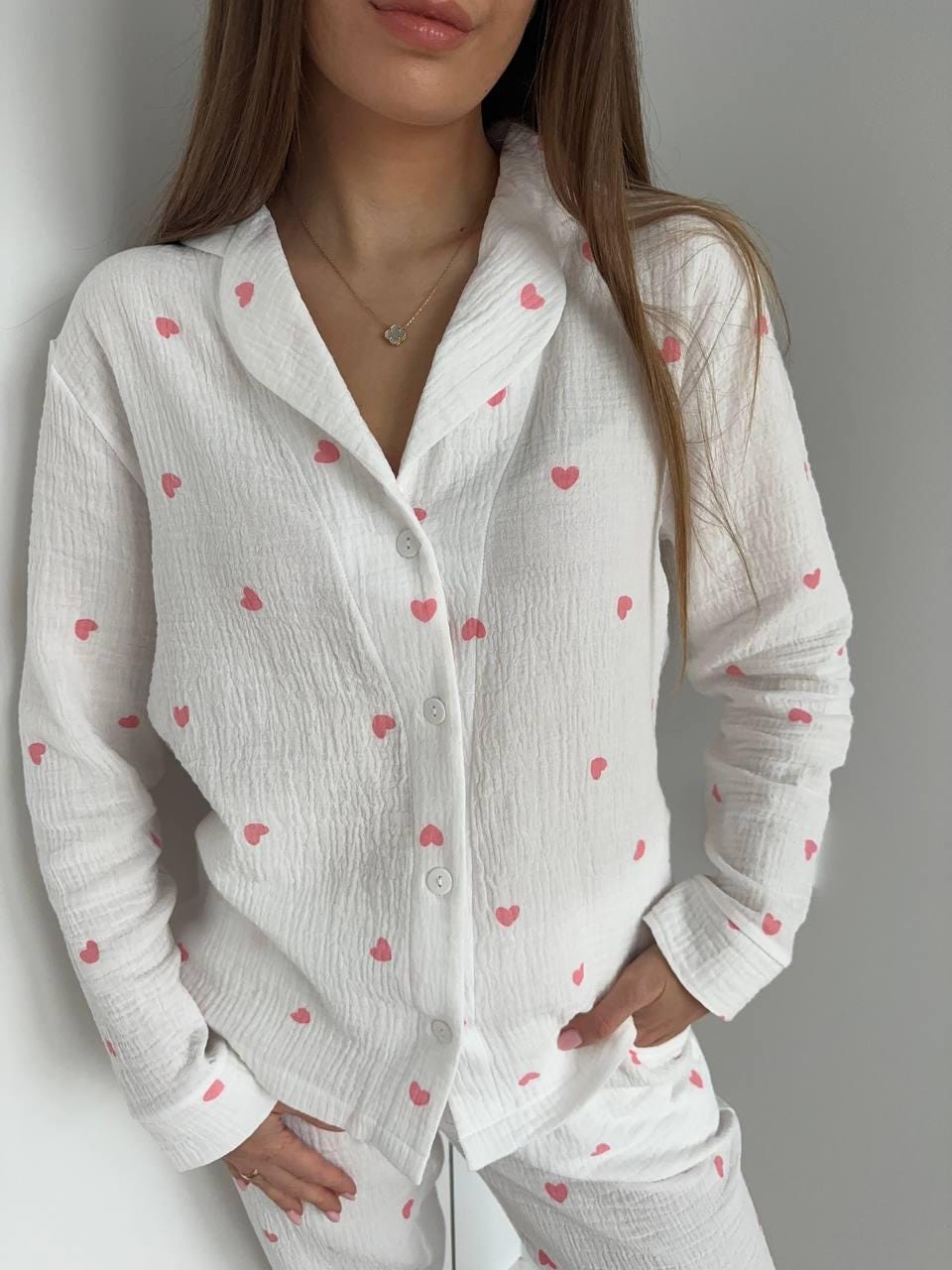 White Muslin Pajama Set with Pink Hearts