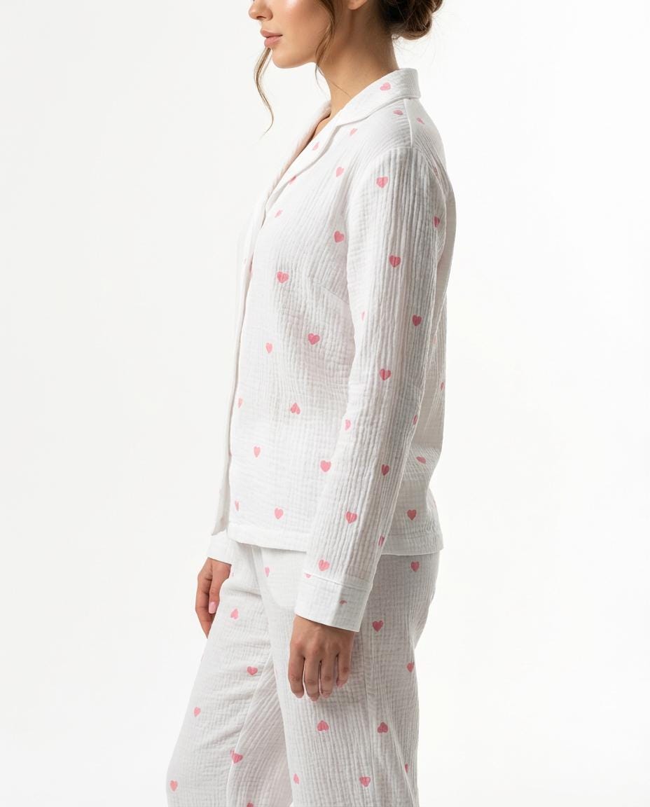 White Muslin Pajama Set with Pink Hearts