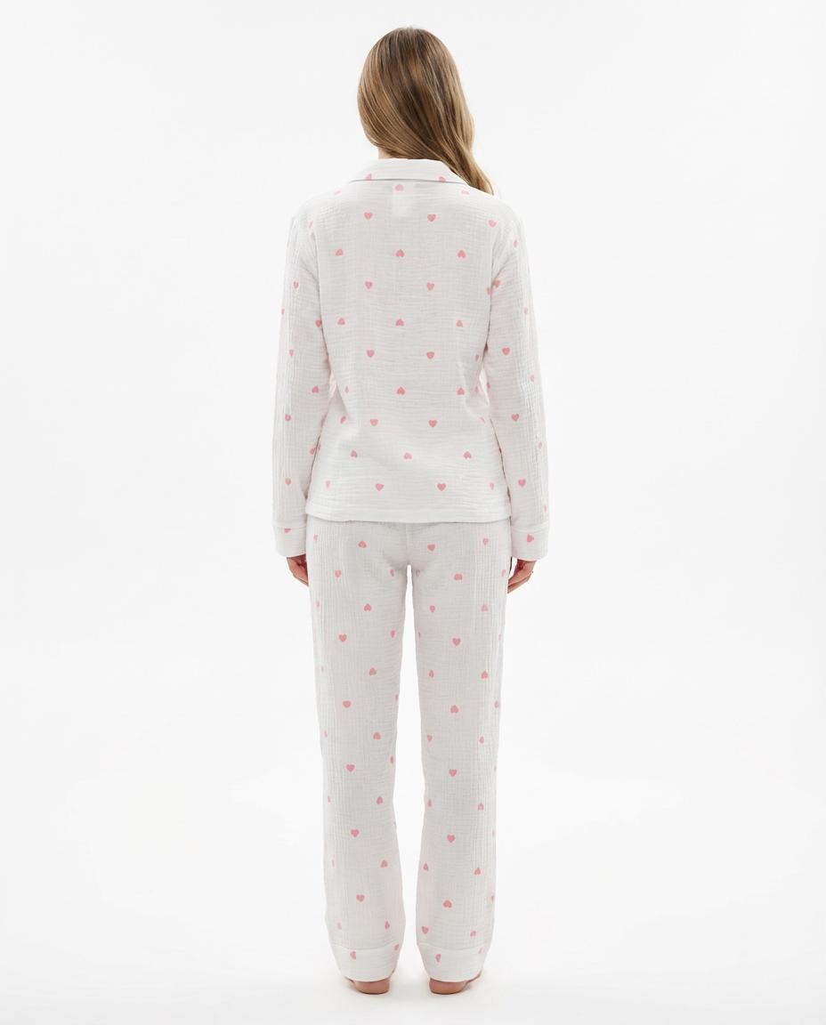 White Muslin Pajama Set with Pink Hearts