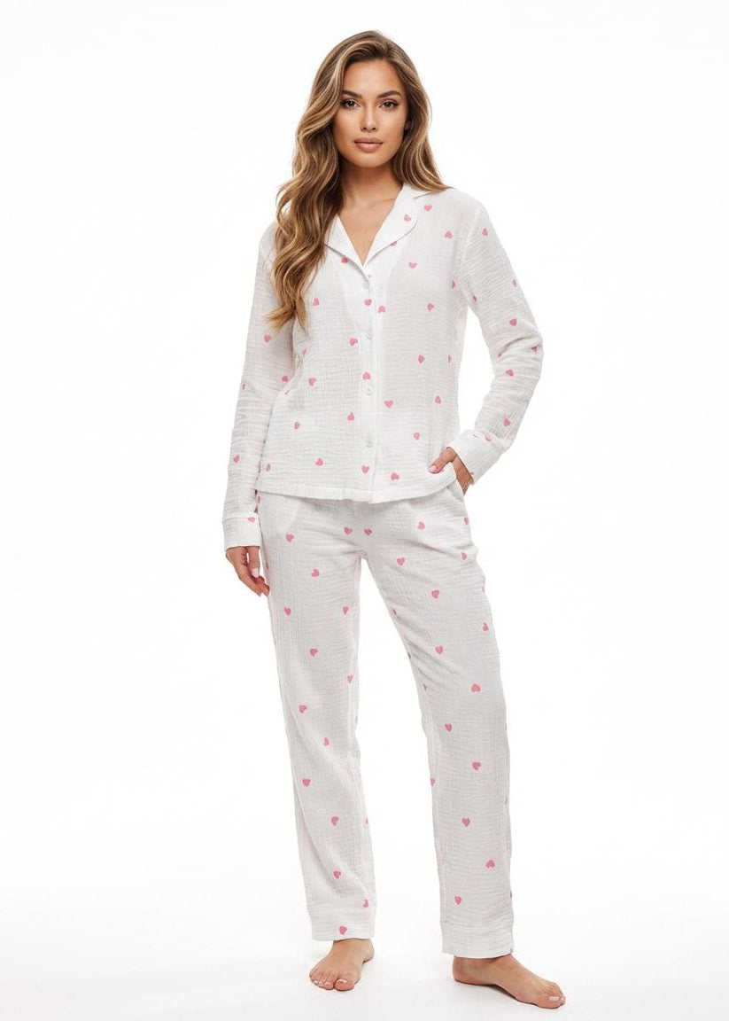 White Muslin Pajama Set with Pink Hearts