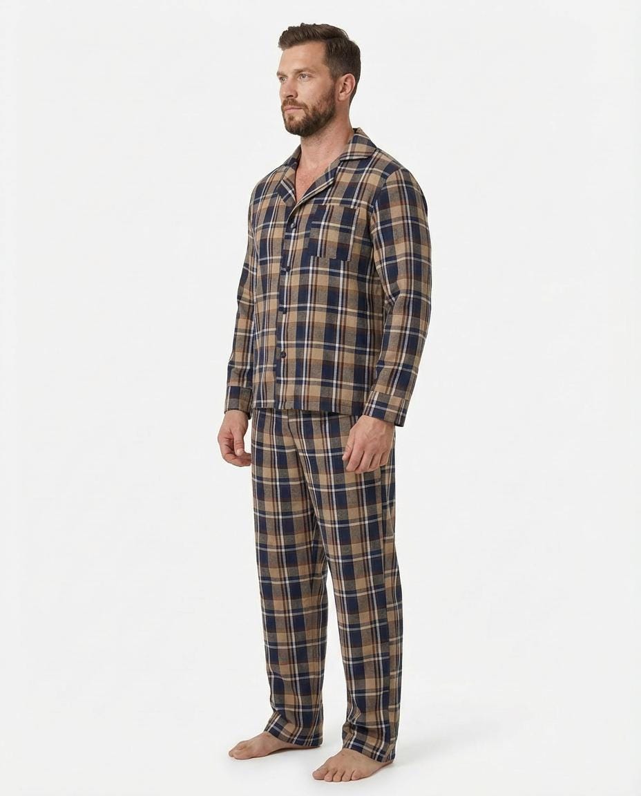 Men’s Warm Winter Blue & Brown Pajama Set  with Pockets