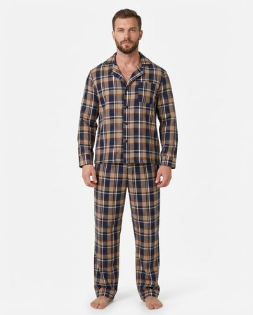 Men’s Warm Winter Blue & Brown Pajama Set  with Pockets
