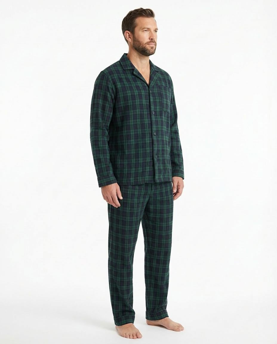 Men’s Green Blue Flannel Pajama Set – Cotton Shirt & Pants with Pockets