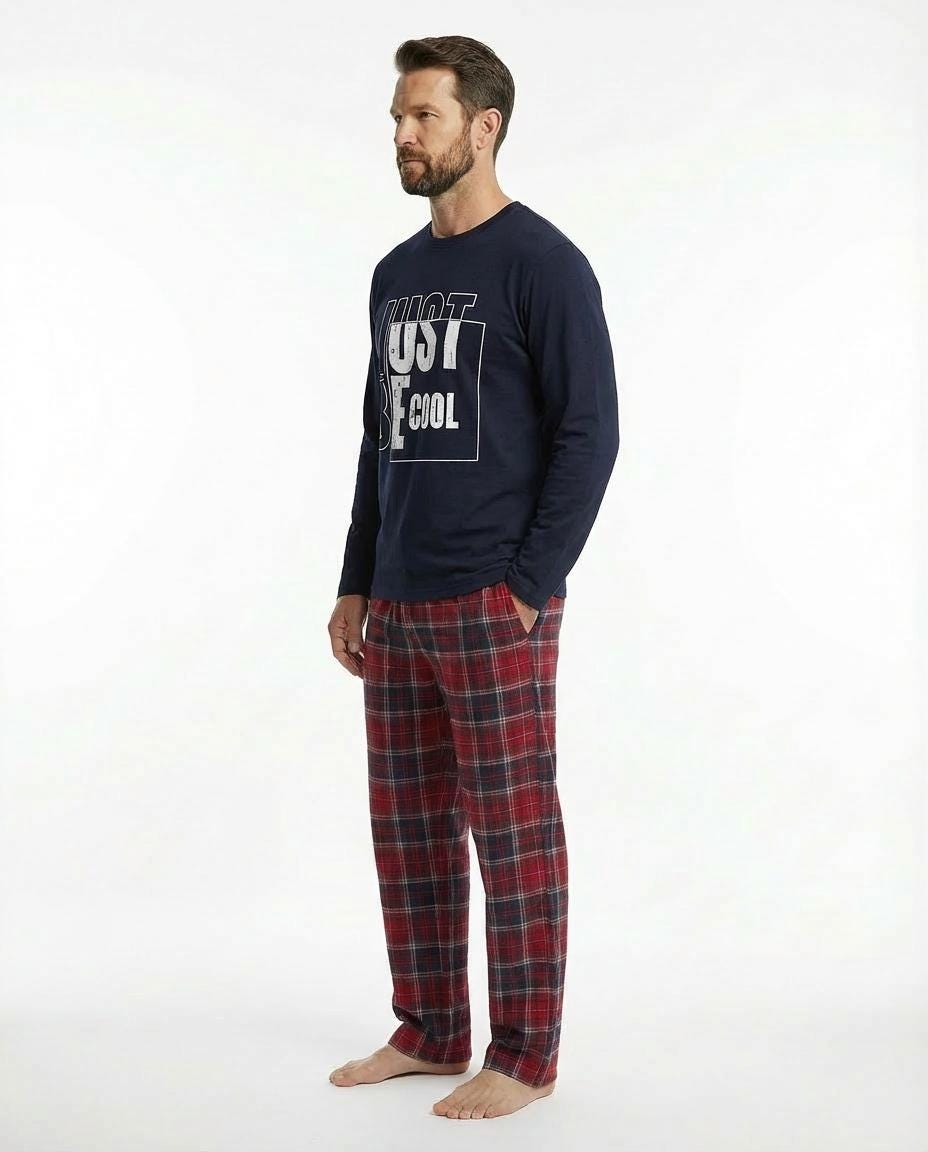 Men’s Winter Cotton Pajama Set – Long Sleeve Top & Plaid Pants