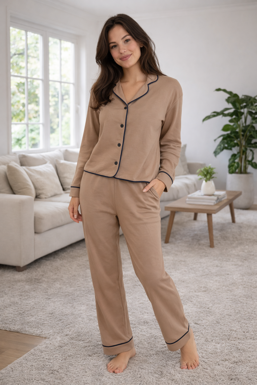 Navy Blue Women Pajama Set, Classic Sleepwear for Her, Women Luxury Long Sleeve pjs, pajama party outfit