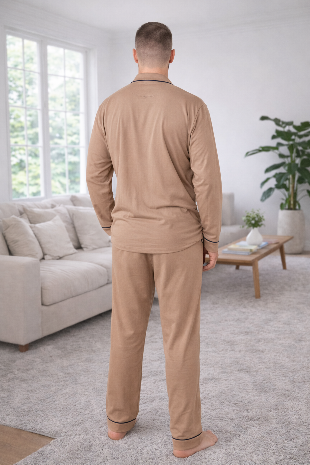 Navy Blue Men Pajama, Pants - Shirt Set, Natural Sleepwear, Long Sleeve Outfit, Homeware for Him, Men pjs