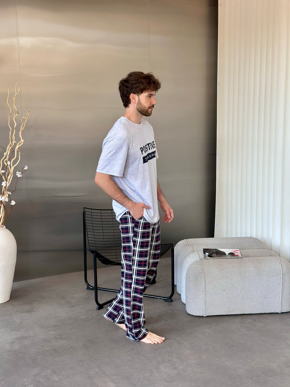 Ensemble pyjama en flanelle rouge et bleue pour homme avec poches