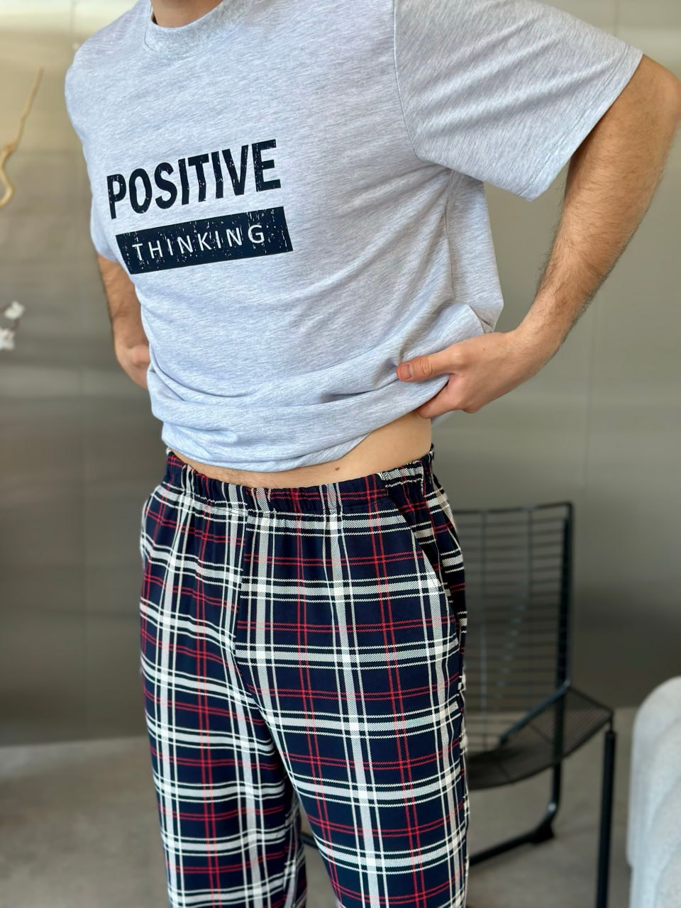 Positive Print Pajamas, Gray T-Shirt & Plaid Pants Men Pajama, Natural Cotton Sleepwear, Homeware Set of 2, Men pjs, Boyfriend Birthday Gift