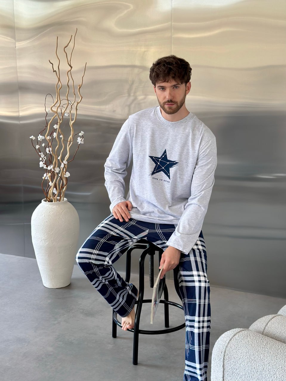 Ensemble pyjama en flanelle rouge et bleue pour homme avec poches