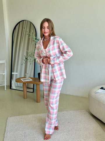 Pink with Gray Plaid Women pjs, Fall Pajama Set of 2, Cute Powder Pink Homeware, Warm Autumn Sleepwear, Long Sleeve Cotton Pajama