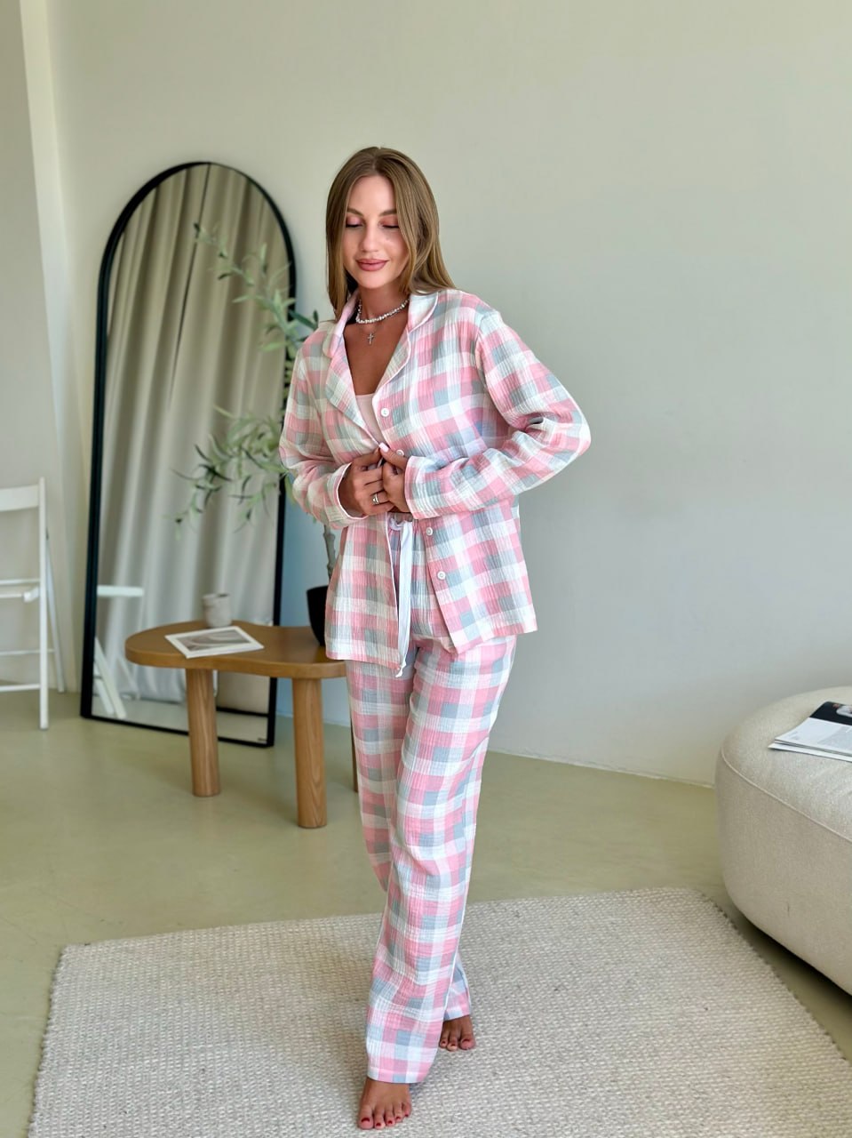 Pink with Gray Plaid Women pjs, Fall Pajama Set of 2, Cute Powder Pink Homeware, Warm Autumn Sleepwear, Long Sleeve Cotton Pajama