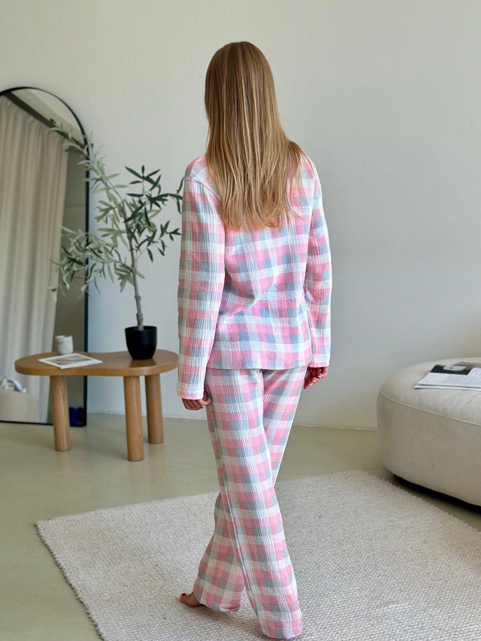 Pink with Gray Plaid Women pjs, Fall Pajama Set of 2, Cute Powder Pink Homeware, Warm Autumn Sleepwear, Long Sleeve Cotton Pajama