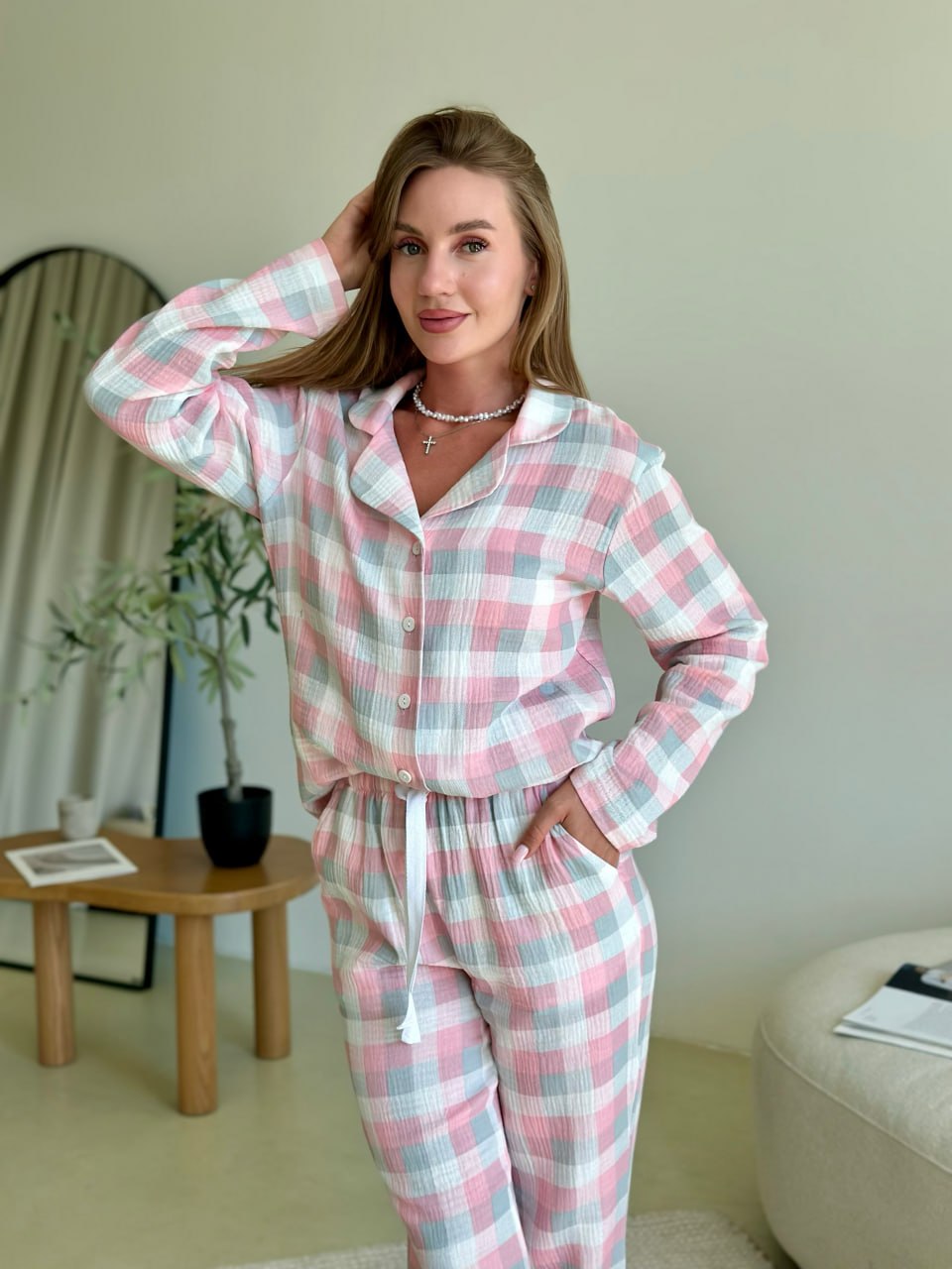 Pink with Gray Plaid Women pjs, Fall Pajama Set of 2, Cute Powder Pink Homeware, Warm Autumn Sleepwear, Long Sleeve Cotton Pajama