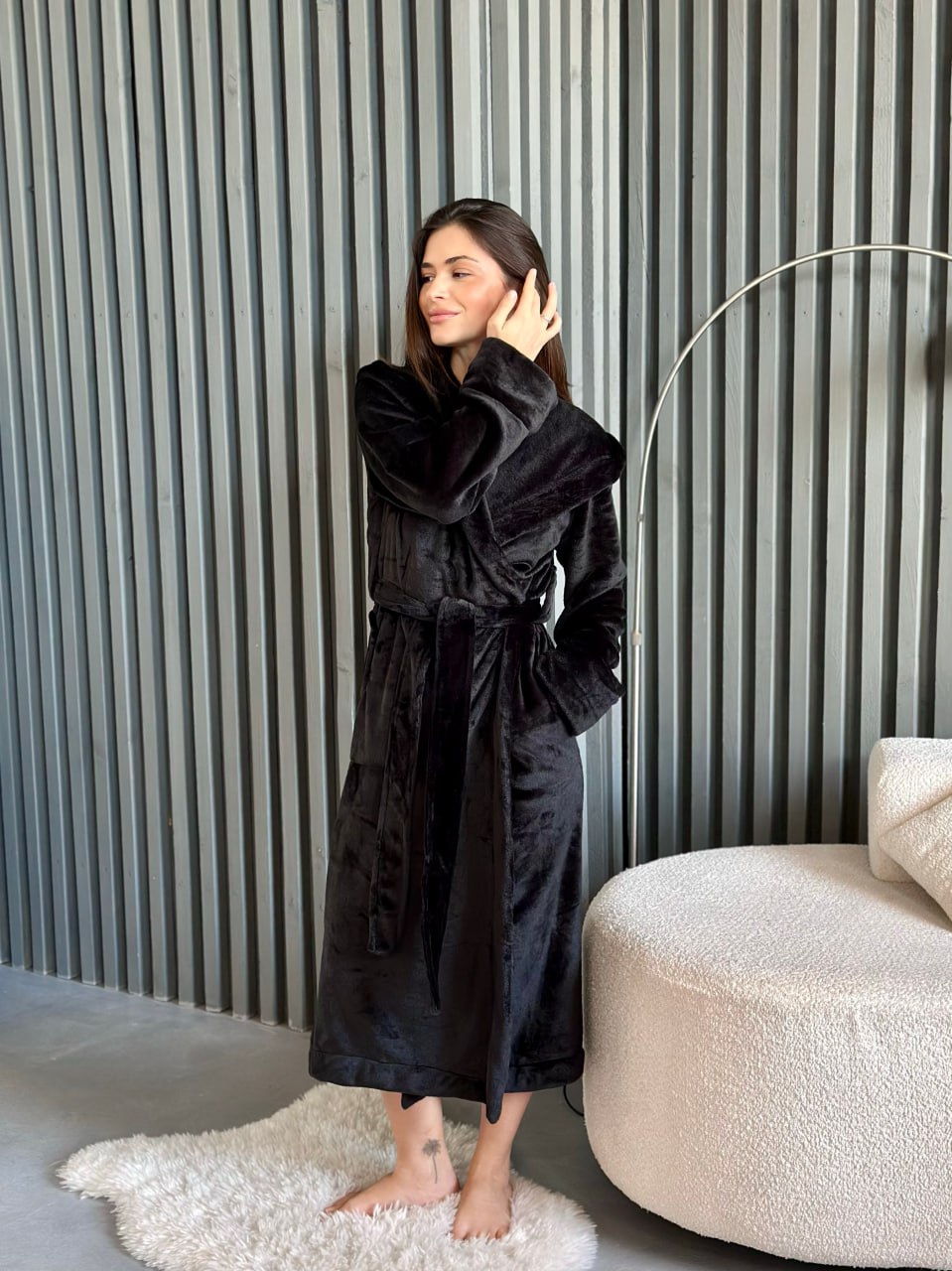 Black Plush Robe, Warm Bath robe with Hood, Fall Soft Sparobe, Autumn Long Sleeve Robe, Wife Birthday Gift