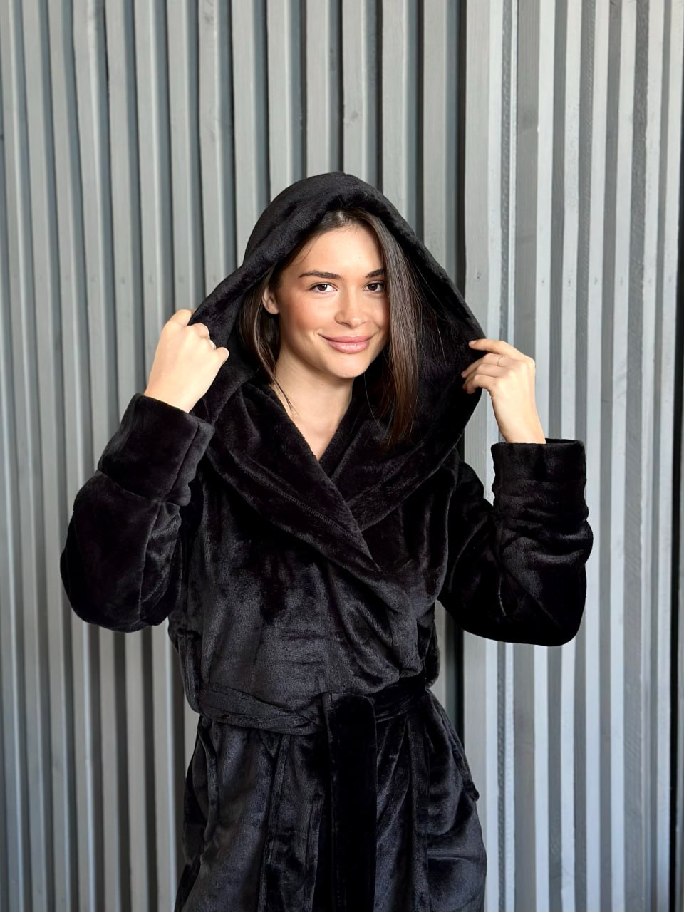 Black Plush Robe, Warm Bath robe with Hood, Fall Soft Sparobe, Autumn Long Sleeve Robe, Wife Birthday Gift