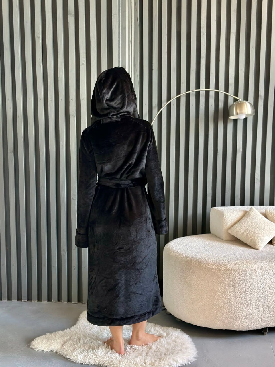 Black Plush Robe, Warm Bath robe with Hood, Fall Soft Sparobe, Autumn Long Sleeve Robe, Wife Birthday Gift