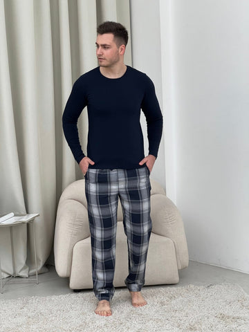 Herren-Flanellpyjama-Set in Rot und Blau mit Taschen
