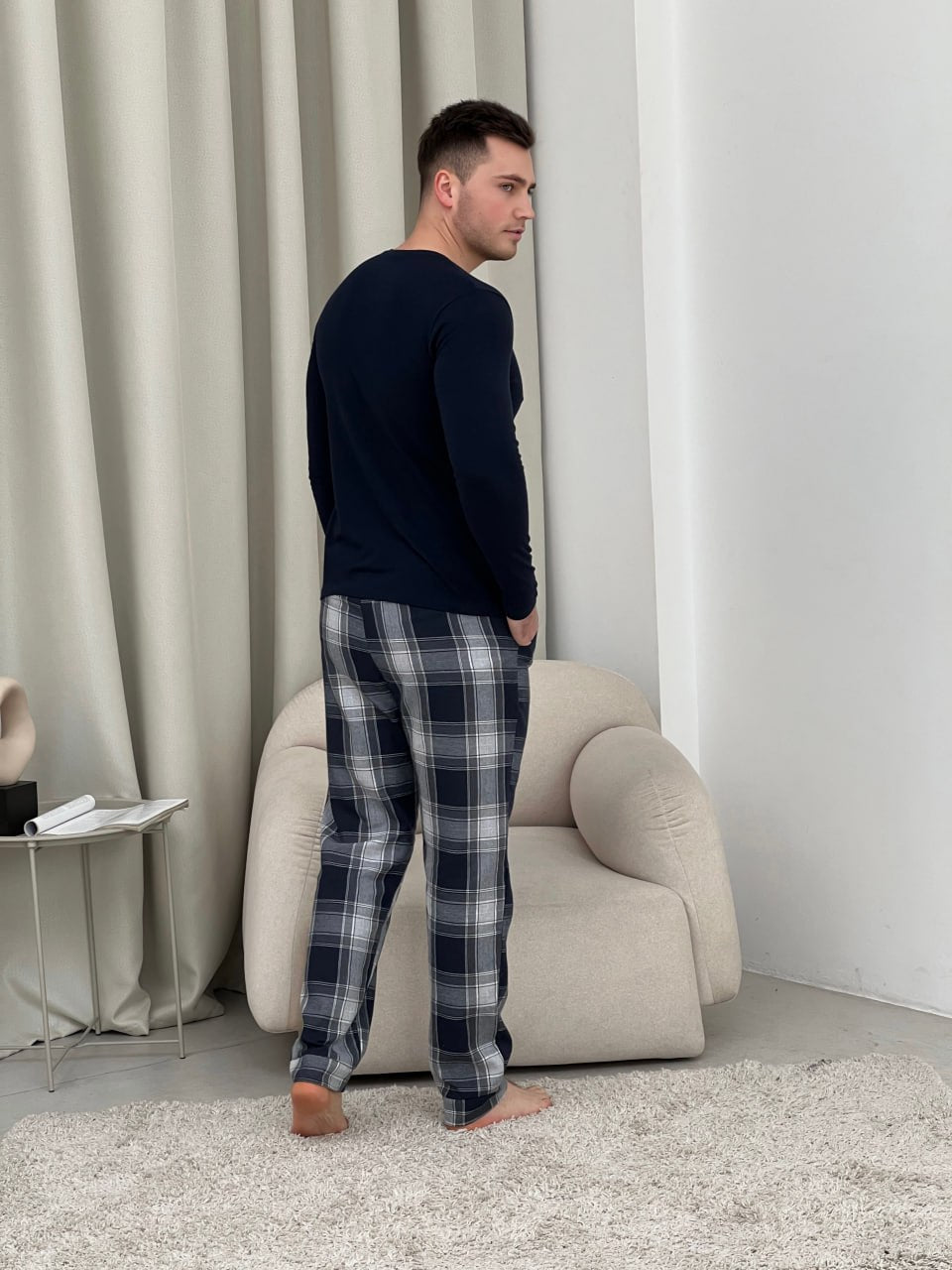 Herren-Flanellpyjama-Set in Rot und Blau mit Taschen