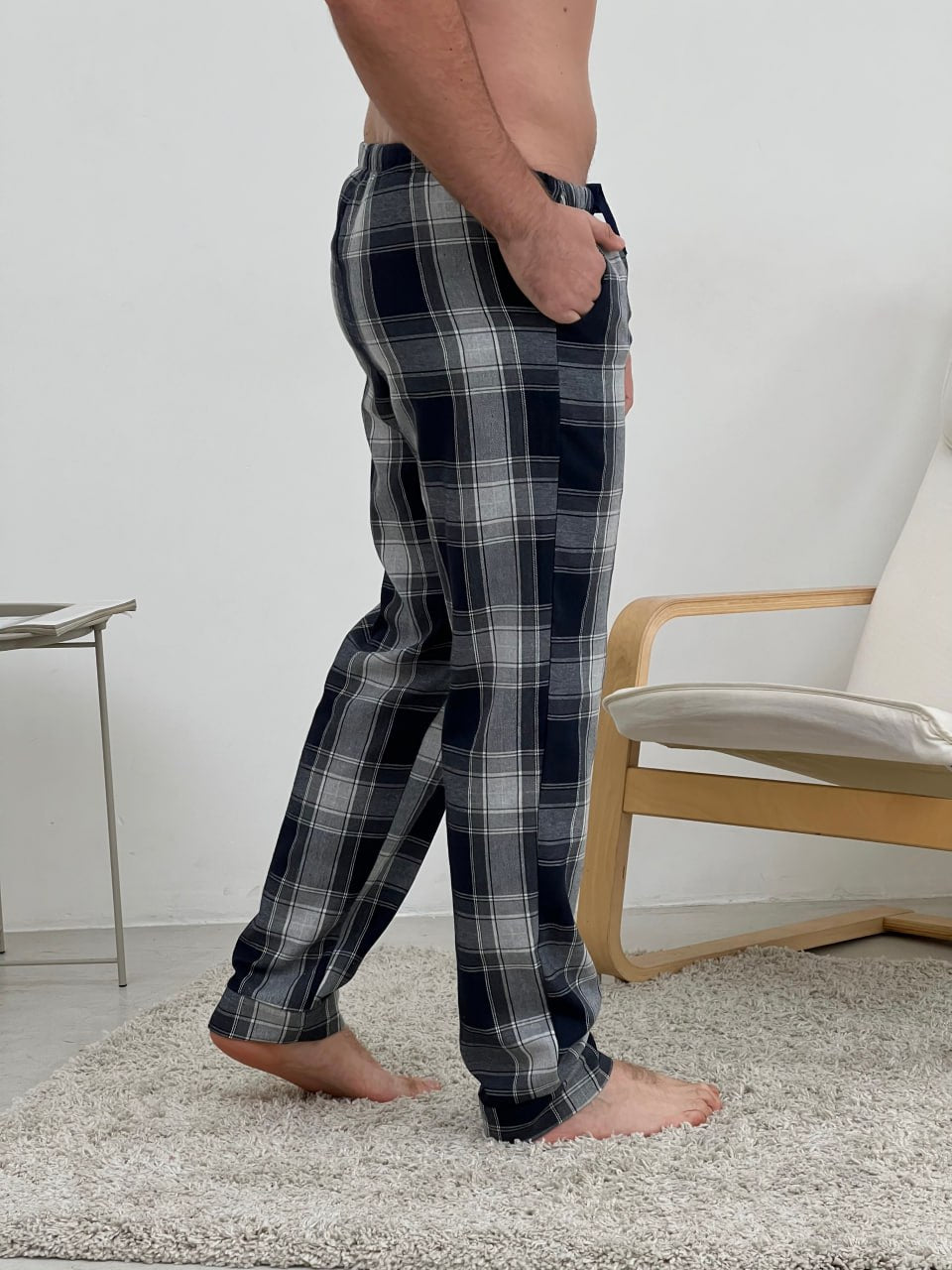Herren-Flanellpyjama-Set in Rot und Blau mit Taschen