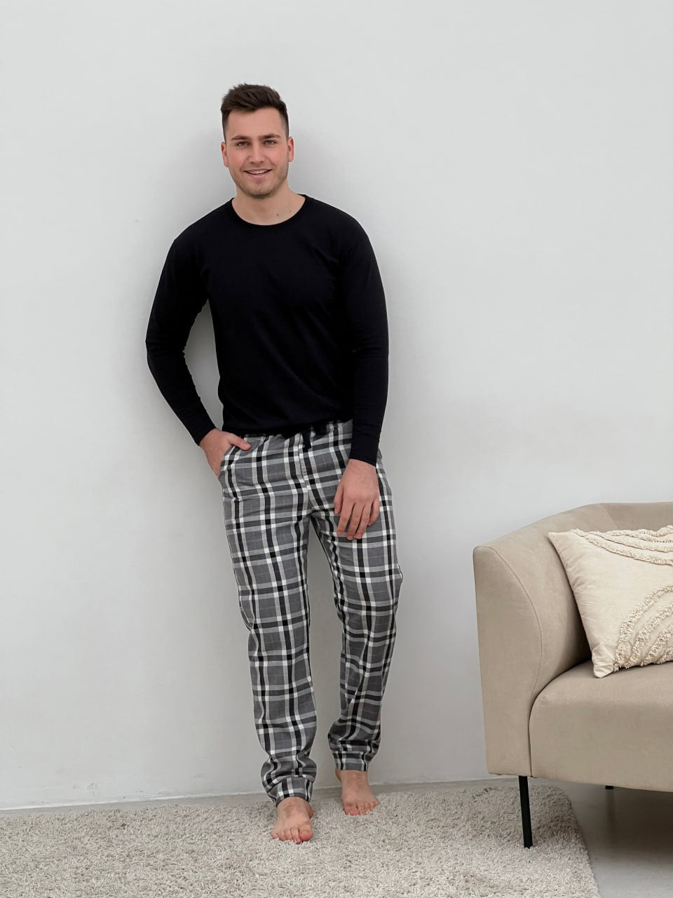 Black and White Plaid Pajama, Men set of 2 Pants with sweatshirt pjs, Cotton fall pajamas, Warm autumn pajama set (Copy)
