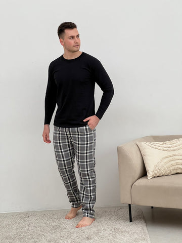 Black and White Plaid Pajama, Men set of 2 Pants with sweatshirt pjs, Cotton fall pajamas, Warm autumn pajama set (Copy)