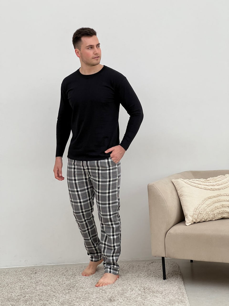 Black and White Plaid Pajama, Men set of 2 Pants with sweatshirt pjs, Cotton fall pajamas, Warm autumn pajama set (Copy)
