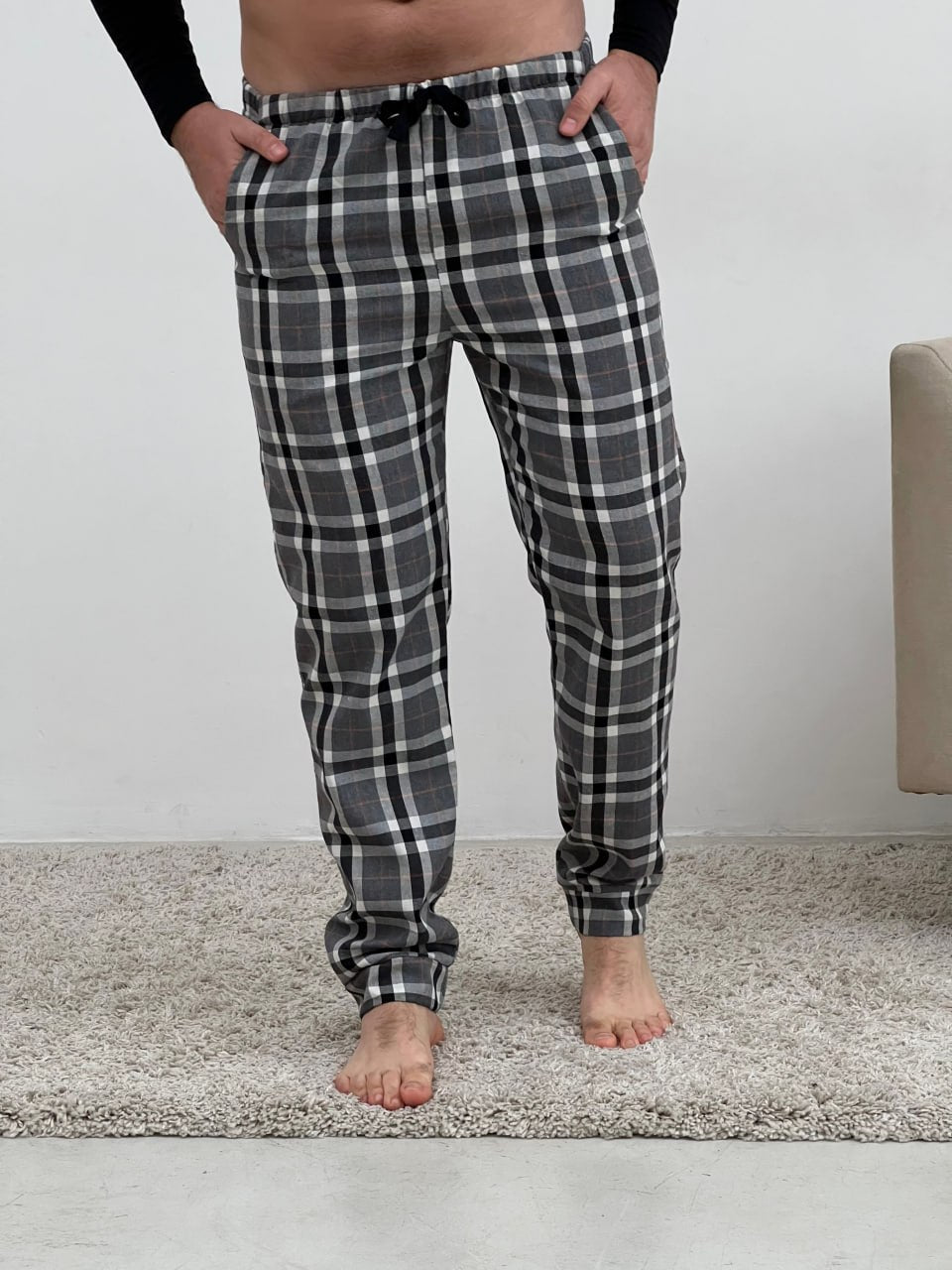 Black and White Plaid Pajama, Men set of 2 Pants with sweatshirt pjs, Cotton fall pajamas, Warm autumn pajama set (Copy)