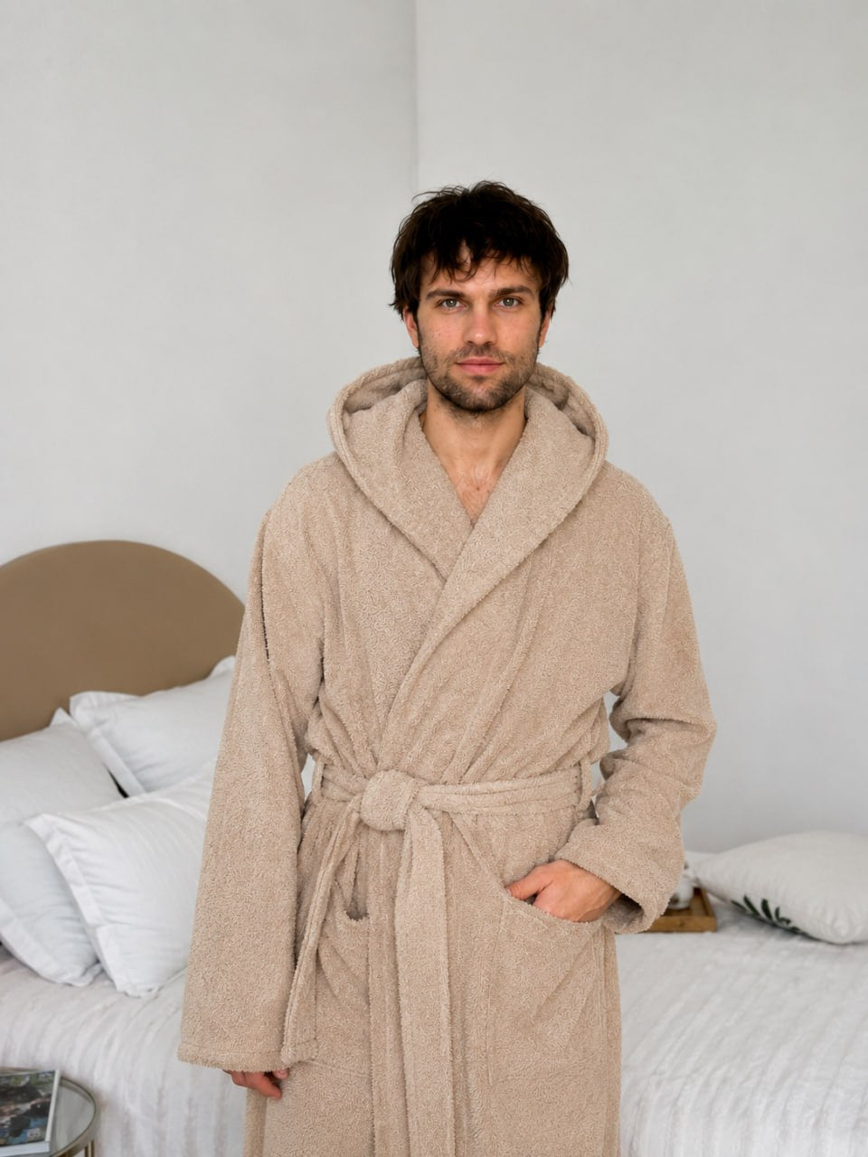 Beige Terry Robe, Men’s Hooded Bath Robes, 100% Cotton Spa Robe - Belt with Pockets Terry  Robes,  Long Warm Kimono Robe