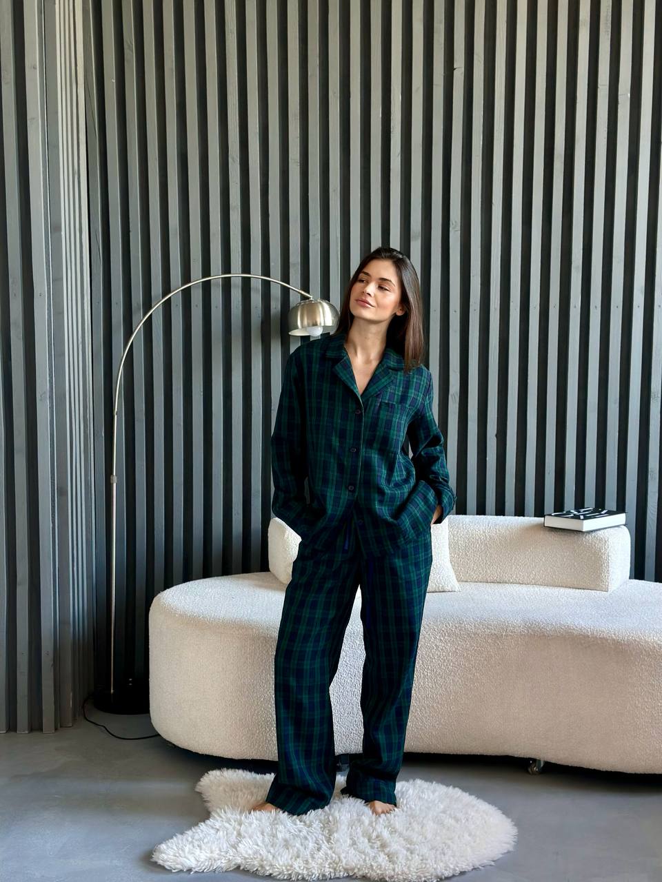 Green Plaid Women pjs, Fall Pajama Set of 2, Dark Green Homeware, Warm Autumn Sleepwear, Long Sleeve Cotton Pajama
