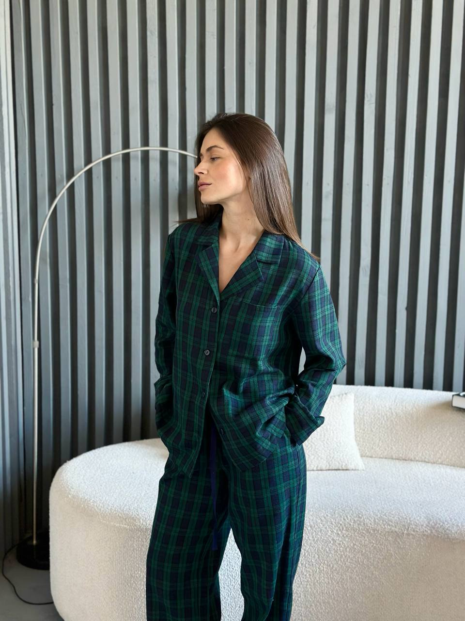 Green Plaid Women pjs, Fall Pajama Set of 2, Dark Green Homeware, Warm Autumn Sleepwear, Long Sleeve Cotton Pajama