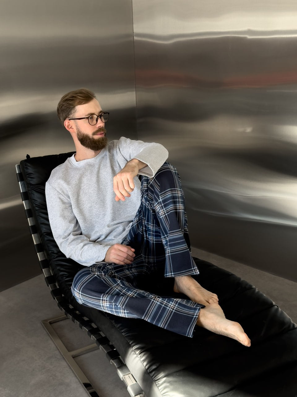 Herren-Flanellpyjama-Set in Rot und Blau mit Taschen