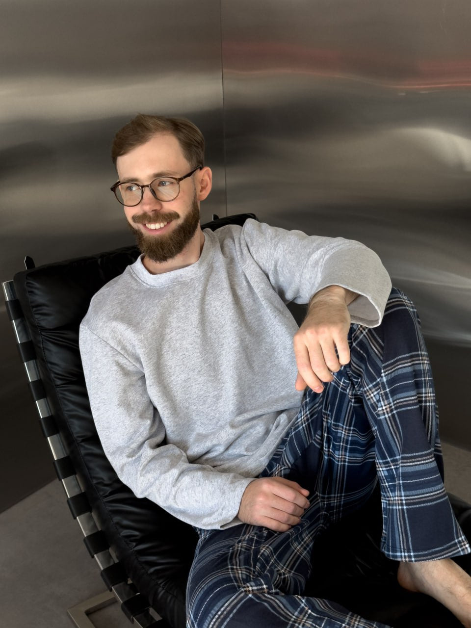 Herren-Flanellpyjama-Set in Rot und Blau mit Taschen