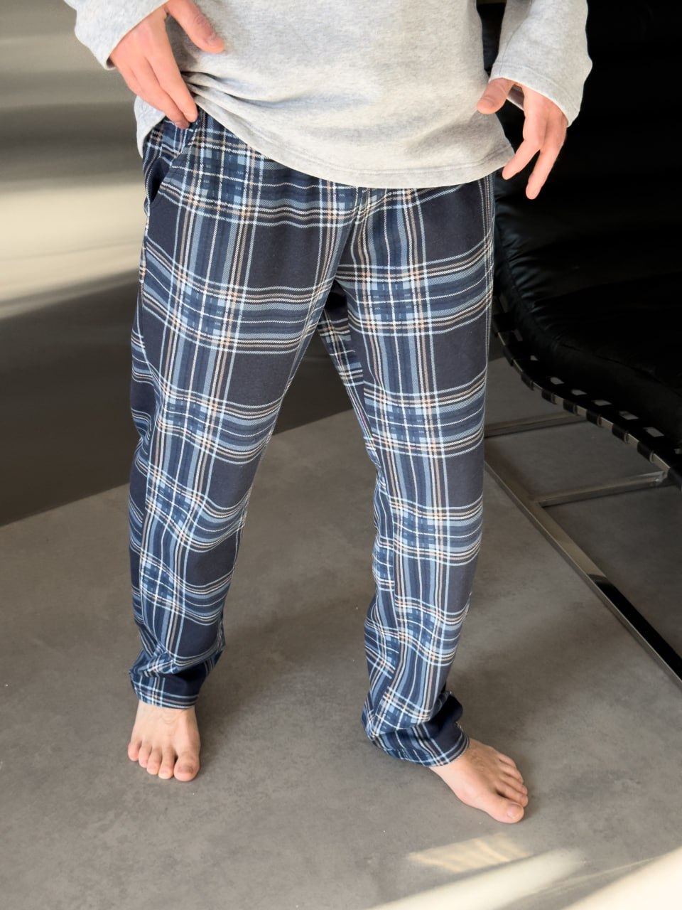Herren-Flanellpyjama-Set in Rot und Blau mit Taschen