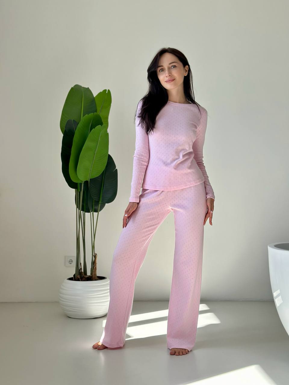 Damen-Baumwollpyjama-Set, Langarm- und Hosenpyjama aus Baumwolle, weiches Homewear-Schlafanzug-Set, rosa Pyjama mit Herzchenmuster, kuschelige Nachtwäsche für Damen