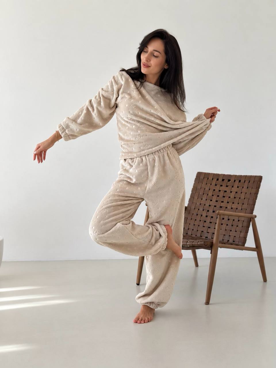 Beige Autumn Women Pjs, Soft Pajama Set of 2 with Hearts, Long sleeve fall pajamas for her, Cute Mom or Girlfriend gift (Copy)
