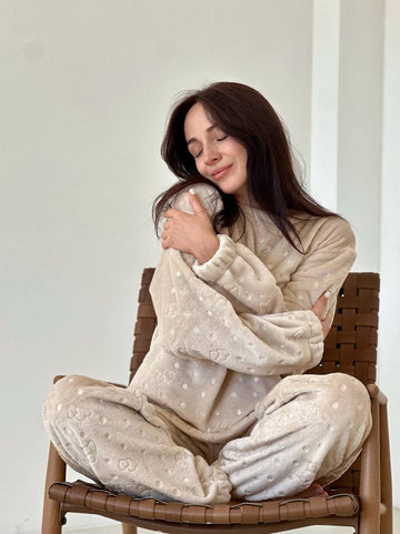 Beige Autumn Women Pjs, Soft Pajama Set of 2 with Hearts, Long sleeve fall pajamas for her, Cute Mom or Girlfriend gift (Copy)